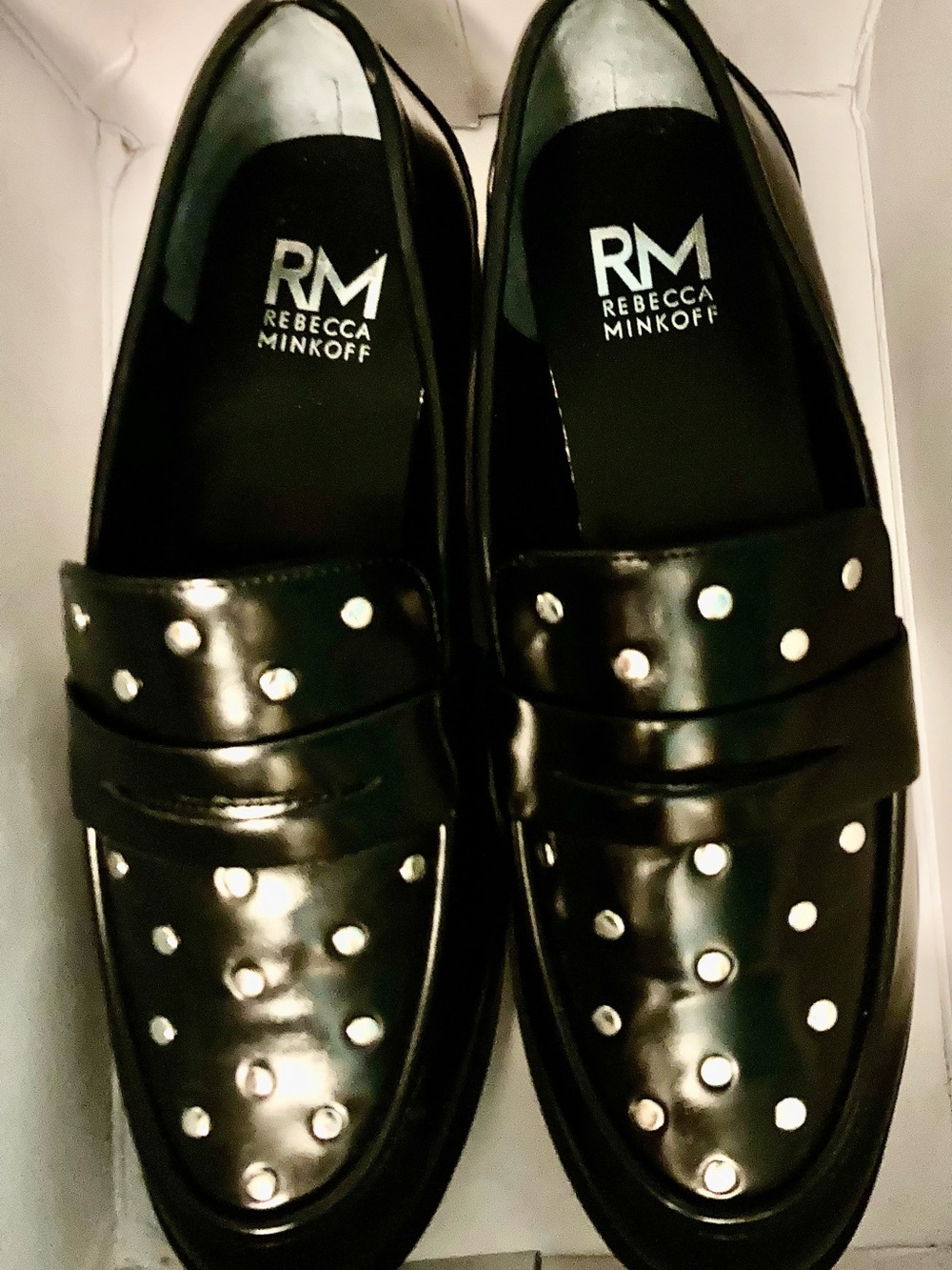 Rebecca Minkoff Black Leather Studded Slip-On Loafers